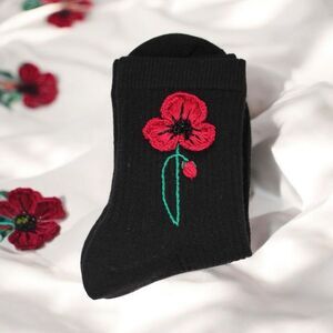 New black red flowers socks , hand embroidered socks